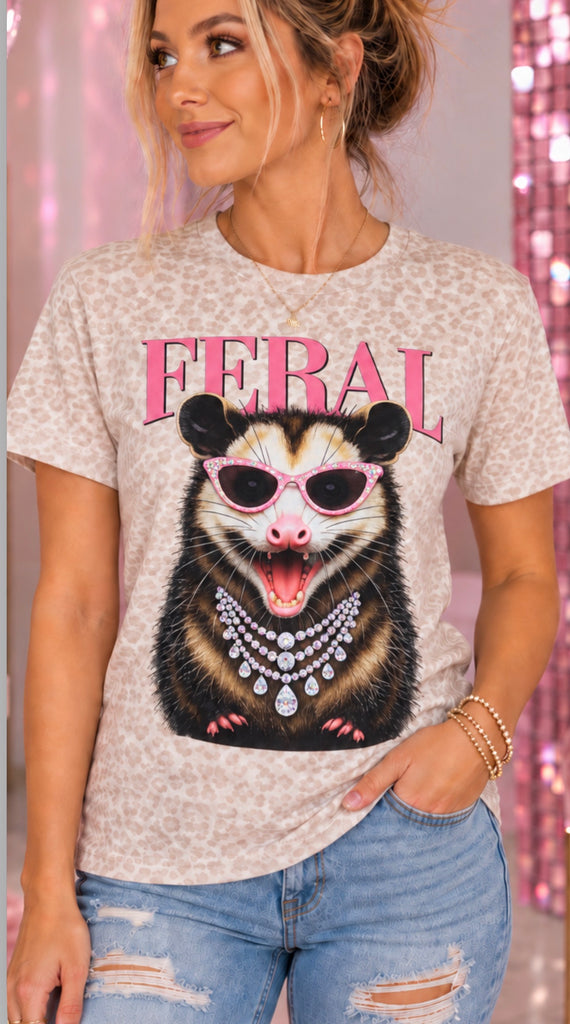 Feral possum women’s rhinestone graphic tee with pink jeweled sunglasses - Pink Ostrich Boutique