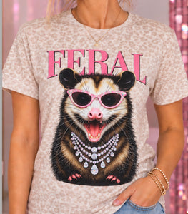 Feral possum women’s rhinestone graphic tee with pink jeweled sunglasses - Pink Ostrich Boutique