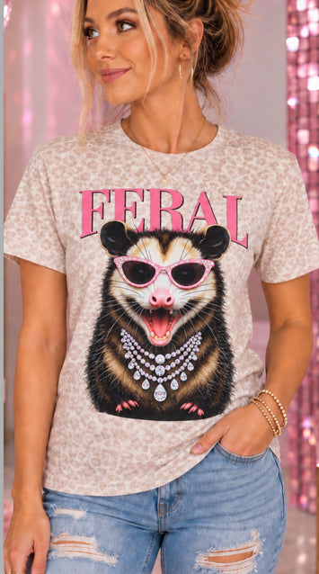 Feral possum women’s rhinestone graphic tee with pink jeweled sunglasses - Pink Ostrich Boutique