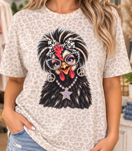 Glam chicken women's rhinestone graphic tee on tan leopard LAT - Pink Ostrich Boutique