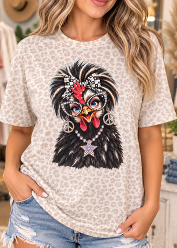 Glam chicken women's rhinestone graphic tee on tan leopard LAT - Pink Ostrich Boutique