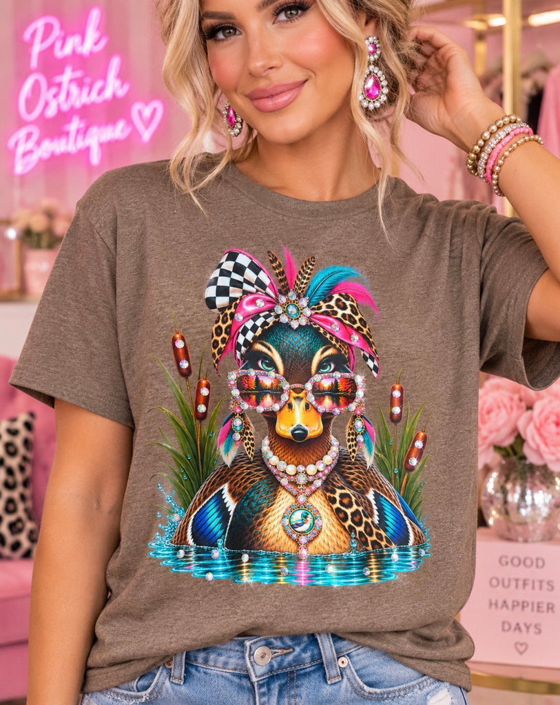 Glam mallard duck women’s rhinestone graphic tee with jeweled bow and sunglasses - Pink Ostrich Boutique