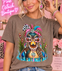 Glam mallard duck women’s rhinestone graphic tee with jeweled bow and sunglasses - Pink Ostrich Boutique