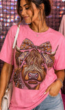 Highland cow rhinestone graphic tee in bright pink on model