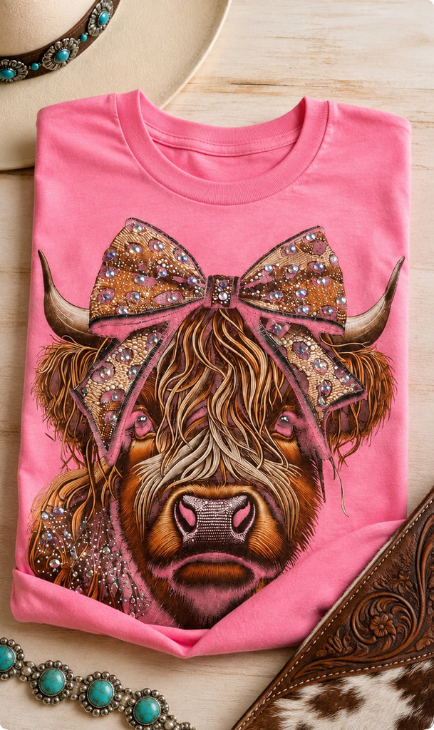 Highland cow rhinestone graphic tee in bright pink