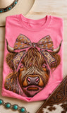 Highland cow rhinestone graphic tee in bright pink
