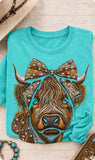 Highland cow rhinestone graphic tee in turquoise