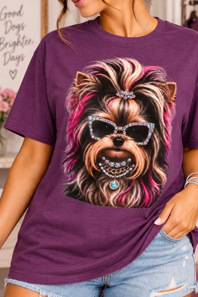 Plum purple LAT women’s Yorkie rhinestone graphic tee with jeweled sunglasses - Pink Ostrich Boutique