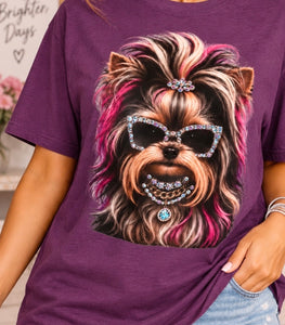Plum purple LAT women’s Yorkie rhinestone graphic tee with jeweled sunglasses - Pink Ostrich Boutique