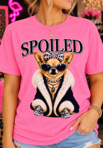 Spoiled Chihuahua women's rhinestone graphic tee on Neon Pink Bella Canvas - Pink Ostrich Boutique