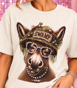 Swamp donkey women’s rhinestone graphic tee on sea green with jeweled glasses - Pink Ostrich Boutique