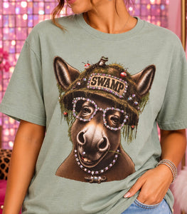 Swamp donkey women’s rhinestone graphic tee on sea green with jeweled glasses - Pink Ostrich Boutique
